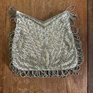 Vintage Silver Ivory 50s 60s Le Regale Glass Beaded Clutch‎ Evening Purse
